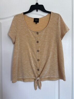 W5 Mustard and Cream Striped Button-Front Tie-Hem Top